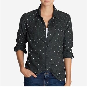 Eddie Bauer Polka Dot Button Down Shirt Women Size S Black Cotton Top